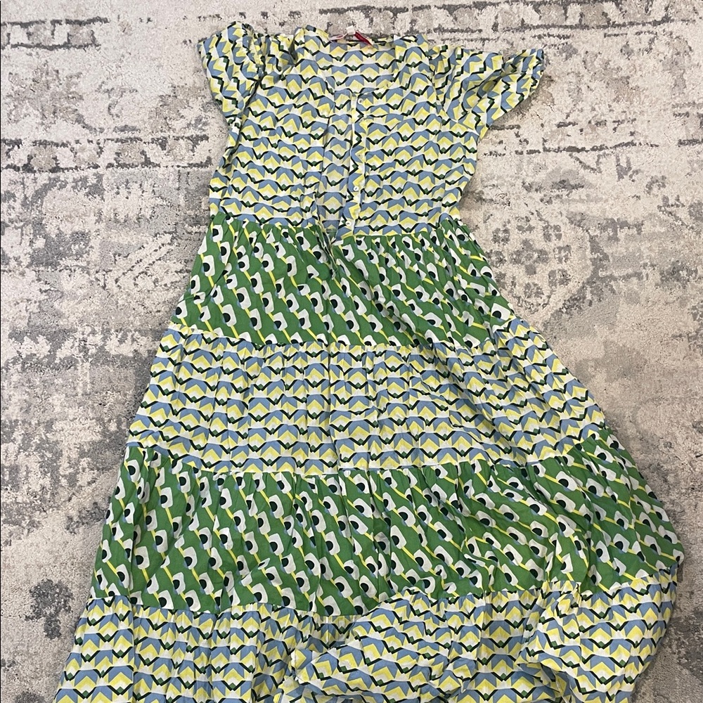 Chic Green and Yellow Patterned Midi Dress